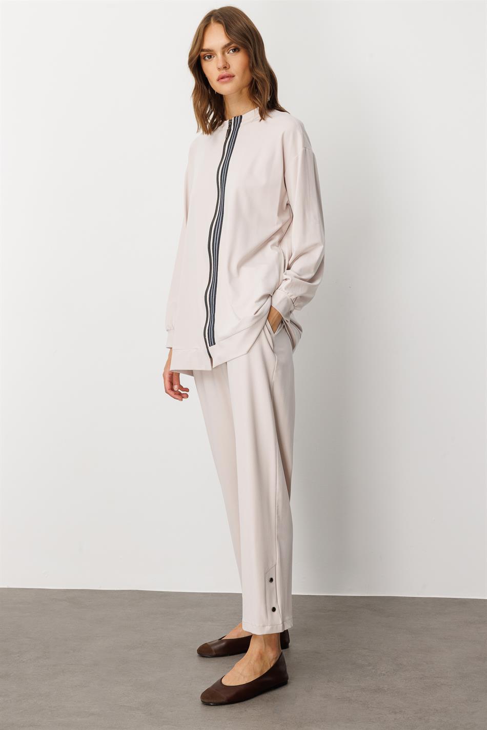 Soft Örme Miccell (%55 doğal) İçerik Dokuma Ön Garni Pantalon Kombin Takım-Taş