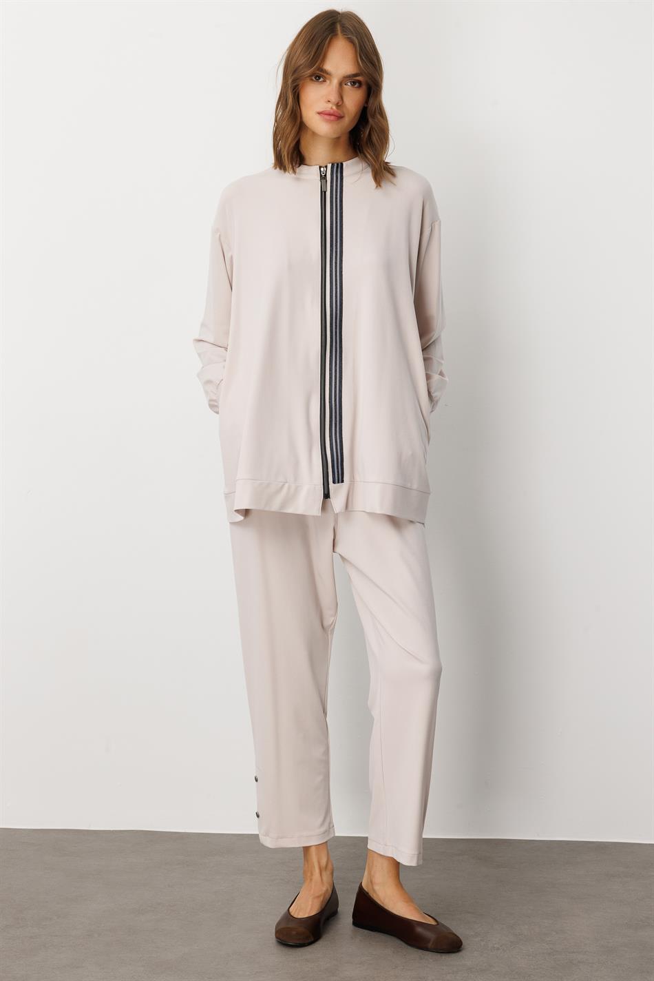 Soft Örme Miccell (%55 doğal) İçerik Dokuma Ön Garni Pantalon Kombin Takım-Taş