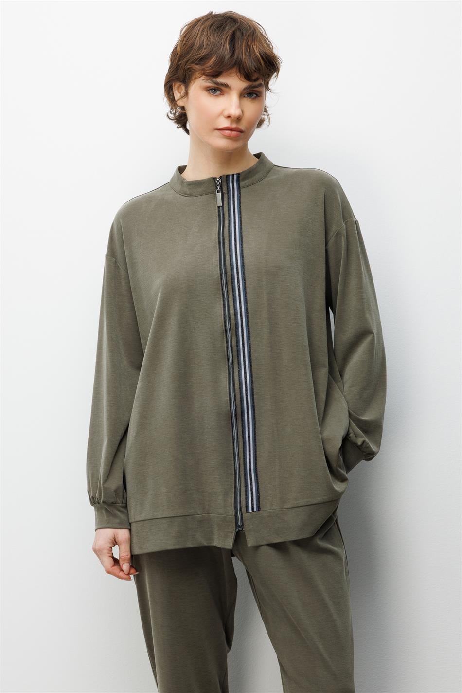 Zachte gebreide Miccell (55% natuurlijk) stof, geweven afwerking aan de voorkant, broekcombinatieset - Khaki