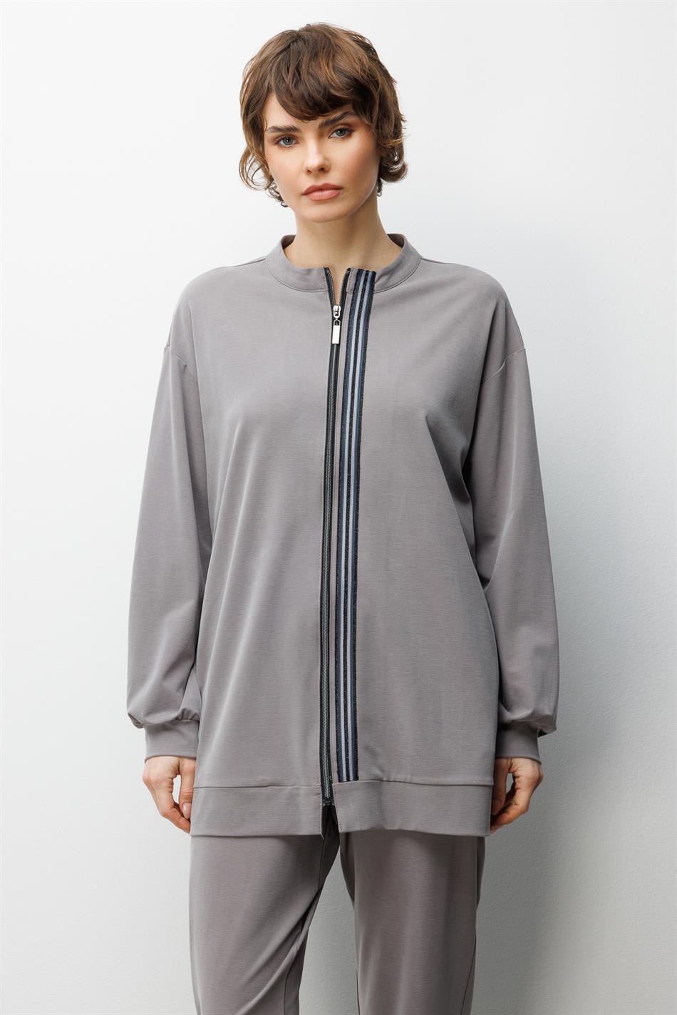 Zachte gebreide micellstof (55% natuurlijk) geweven broek met bies aan de voorkant - grijs