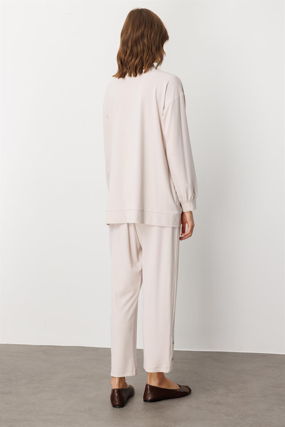 Soft Örme Miccell (%55 doğal) İçerik Dokuma Ön Garni Pantalon Kombin Takım-Taş