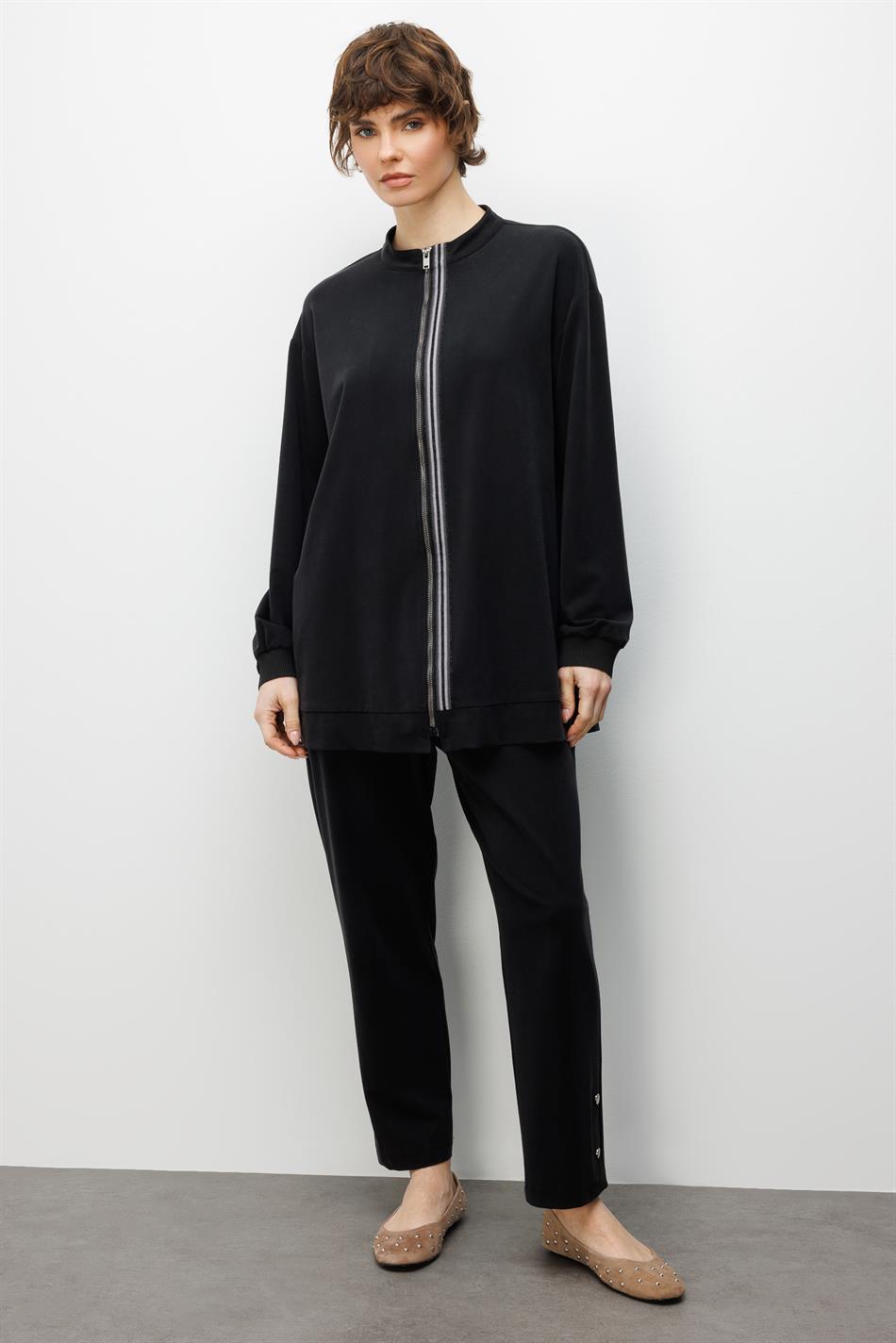 Soft Örme Miccell (%55 doğal) İçerik Dokuma Ön Garni Pantalon Kombin Takım-Siyah