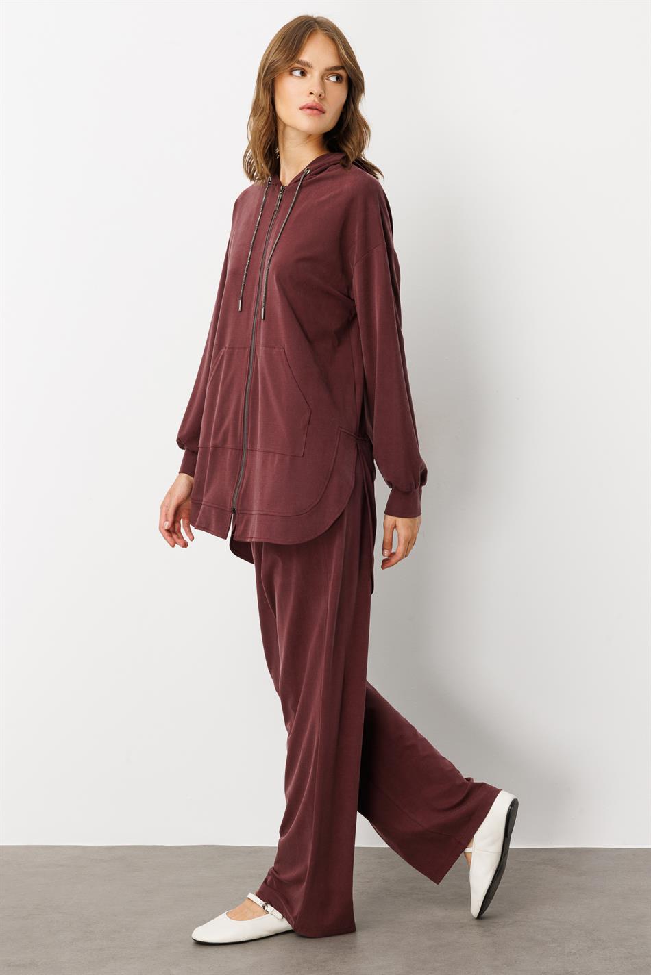 Soft Knit (miccell 55% natural content) Handcrafted Detail Trouser Set - Burgundy