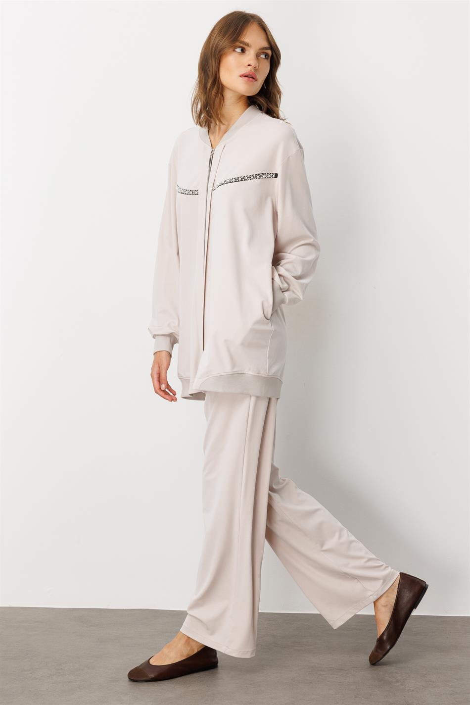 Soft Örme (miccell %55 doğal içerik) Elişi Detaylı  Pantalon Kombin Takım-Taş