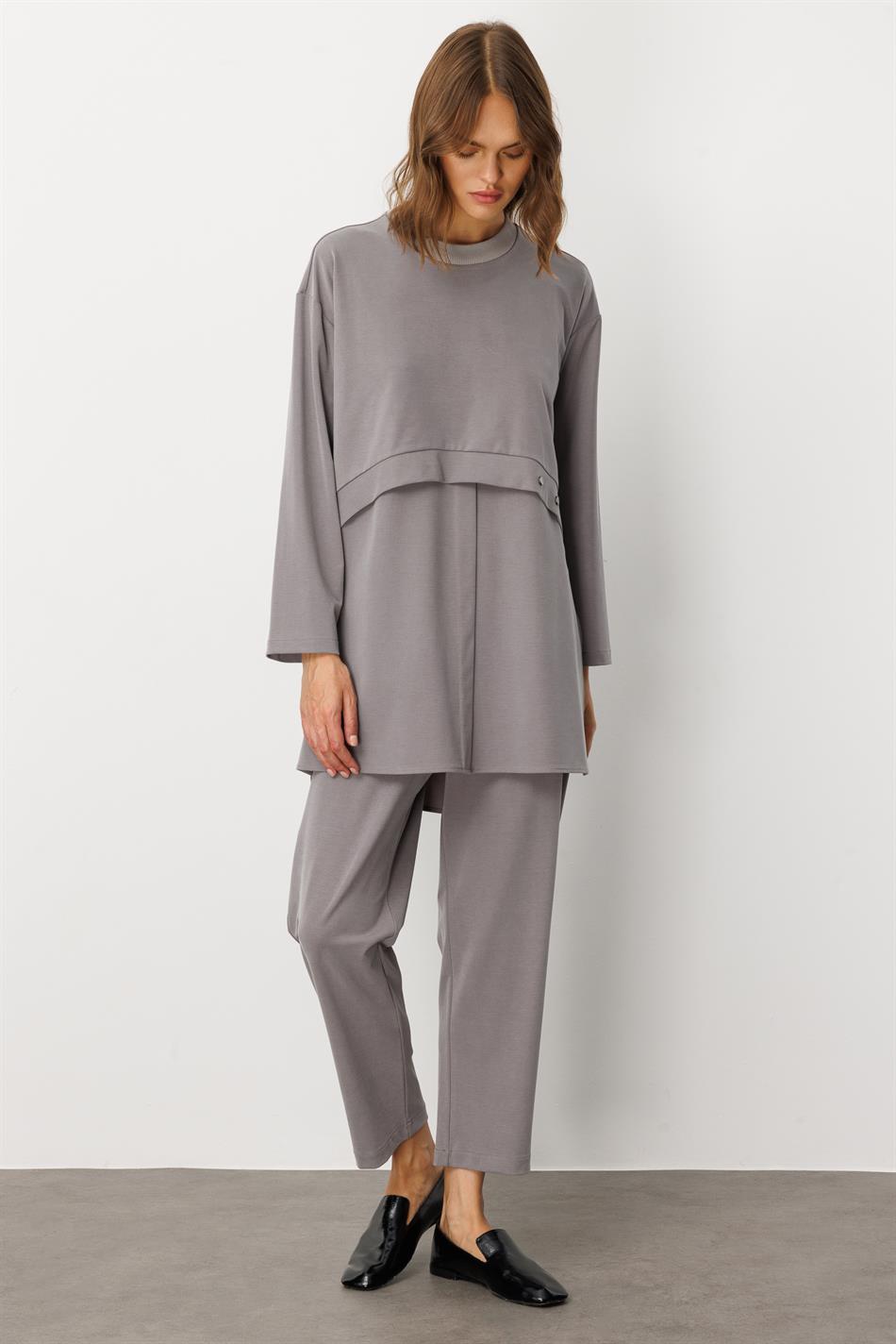 Soft Örme (miccell %55 doğal içerik) Elişi Detaylı  Pantalon Kombin Takım-Gri