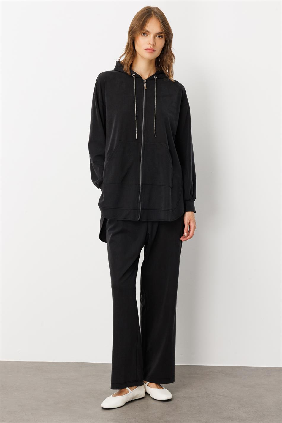 Soft Örme (miccell %55 doğal içerik) Elişi Detaylı  Pantalon Kombin Takım-Siyah