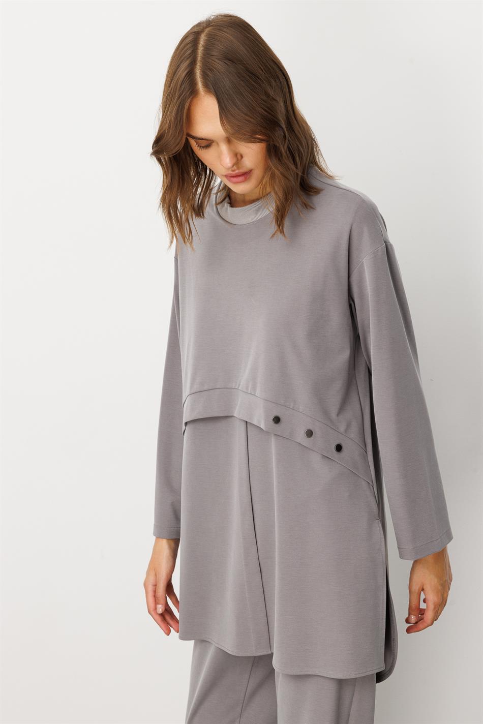 Soft Örme (miccell %55 doğal içerik) Elişi Detaylı  Pantalon Kombin Takım-Gri