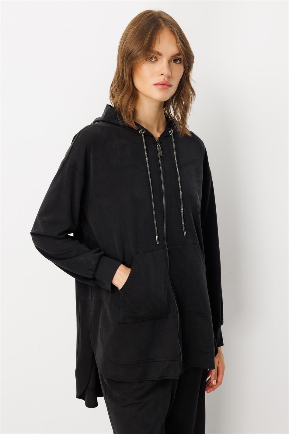 Soft Örme (miccell %55 doğal içerik) Elişi Detaylı  Pantalon Kombin Takım-Siyah