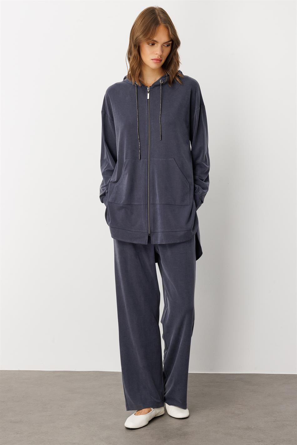 Soft Knit (miccell 55% natural content) Handcrafted Detail Trouser Set - Navy Blue