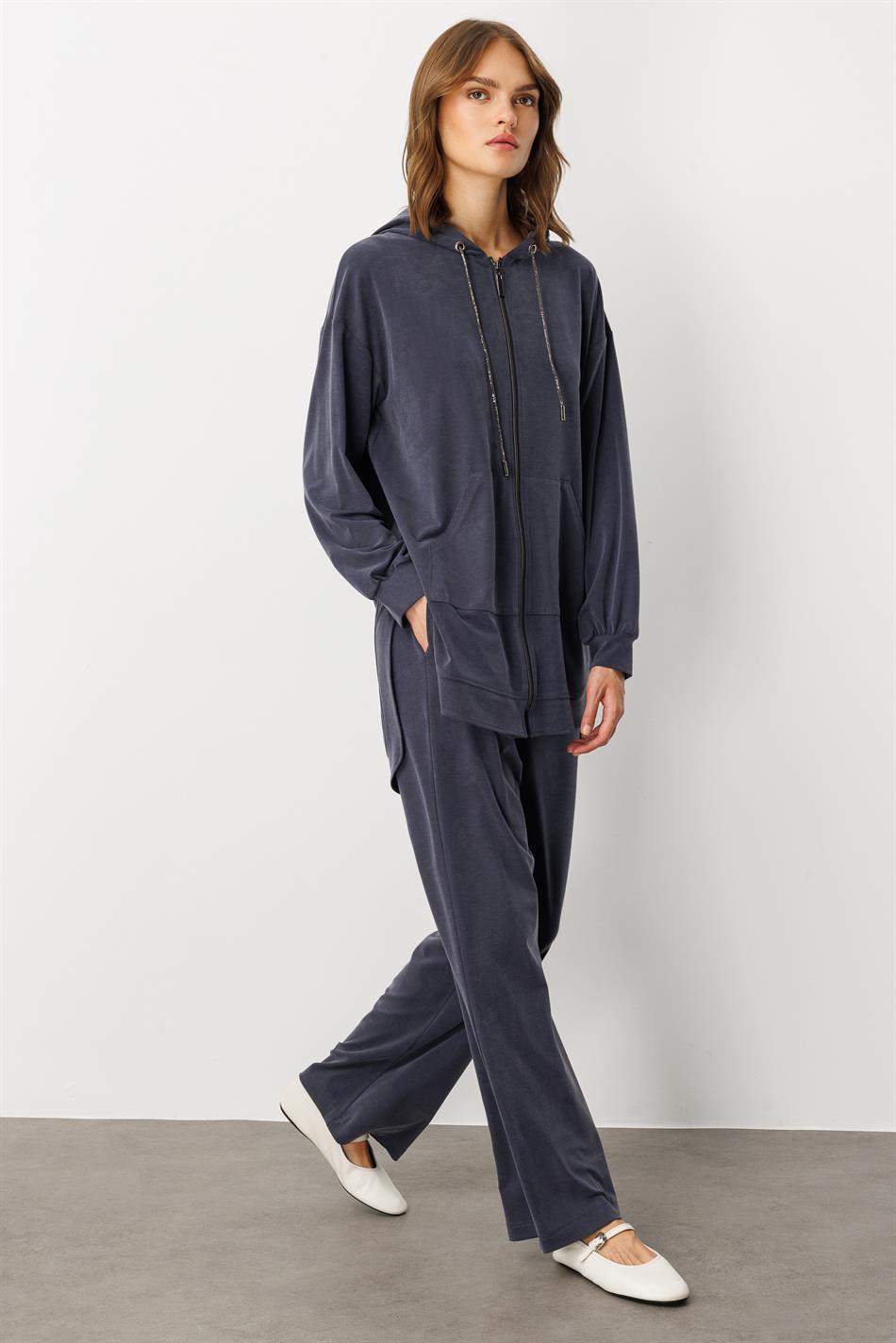 Soft Knit (miccell 55% natural content) Handcrafted Detail Trouser Set - Navy Blue