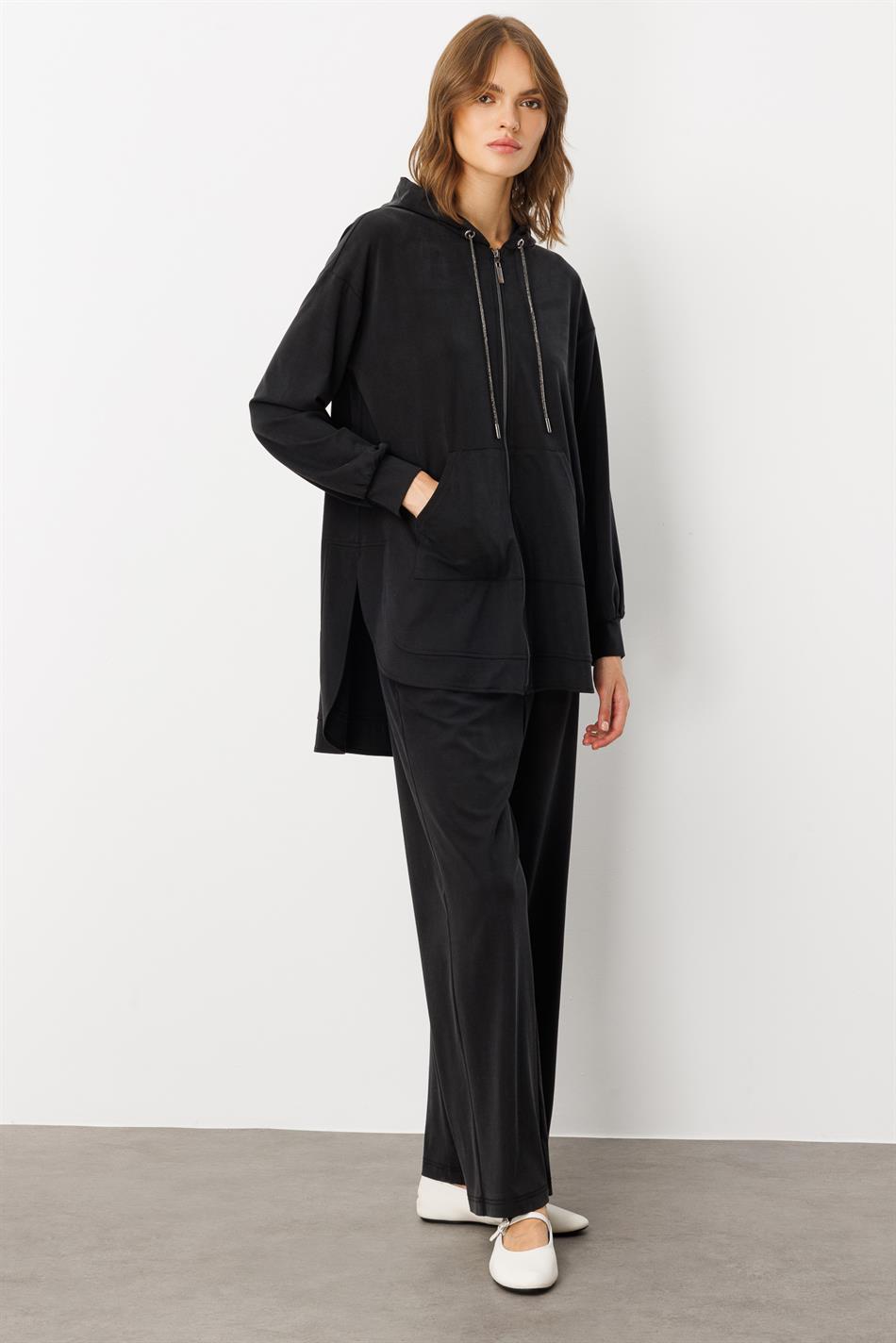 Soft Örme (miccell %55 doğal içerik) Elişi Detaylı  Pantalon Kombin Takım-Siyah