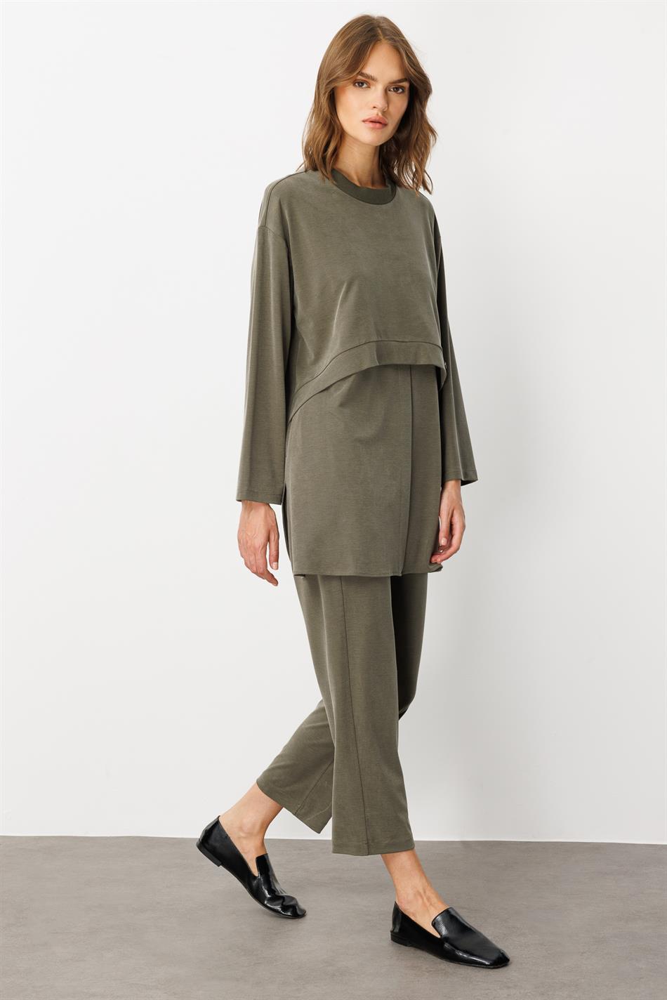 Yumşaq Örgü (miccell 55% təbii tərkibli) Əl işi Detallı Şalvar Dəsti - Xaki