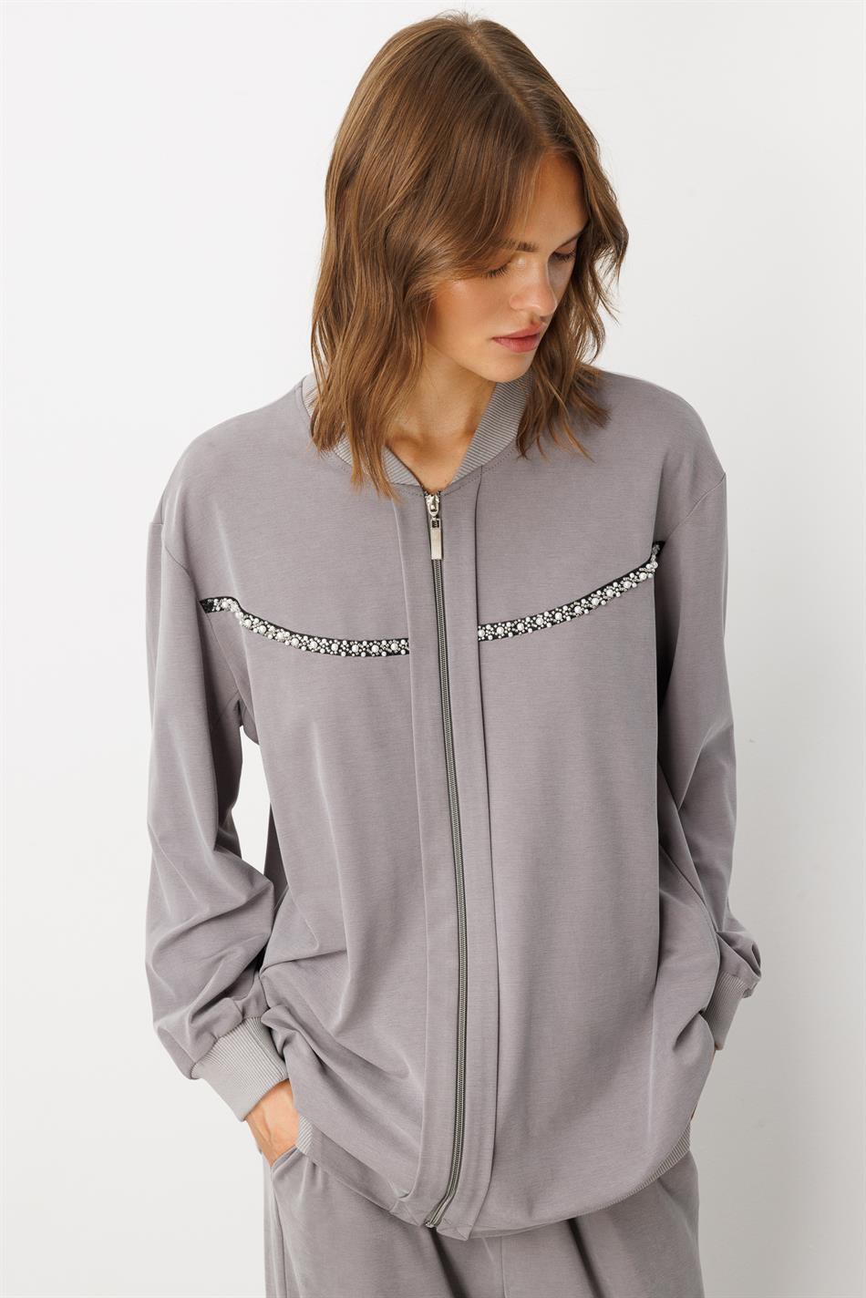 Soft Örme (miccell %55 doğal içerik) Elişi Detaylı  Pantalon Kombin Takım-Gri