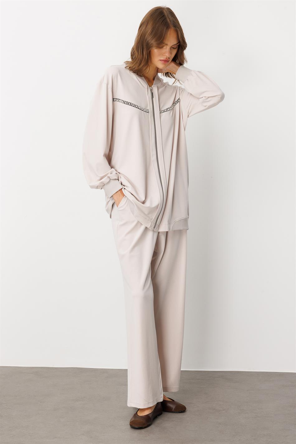 Soft Örme (miccell %55 doğal içerik) Elişi Detaylı  Pantalon Kombin Takım-Taş