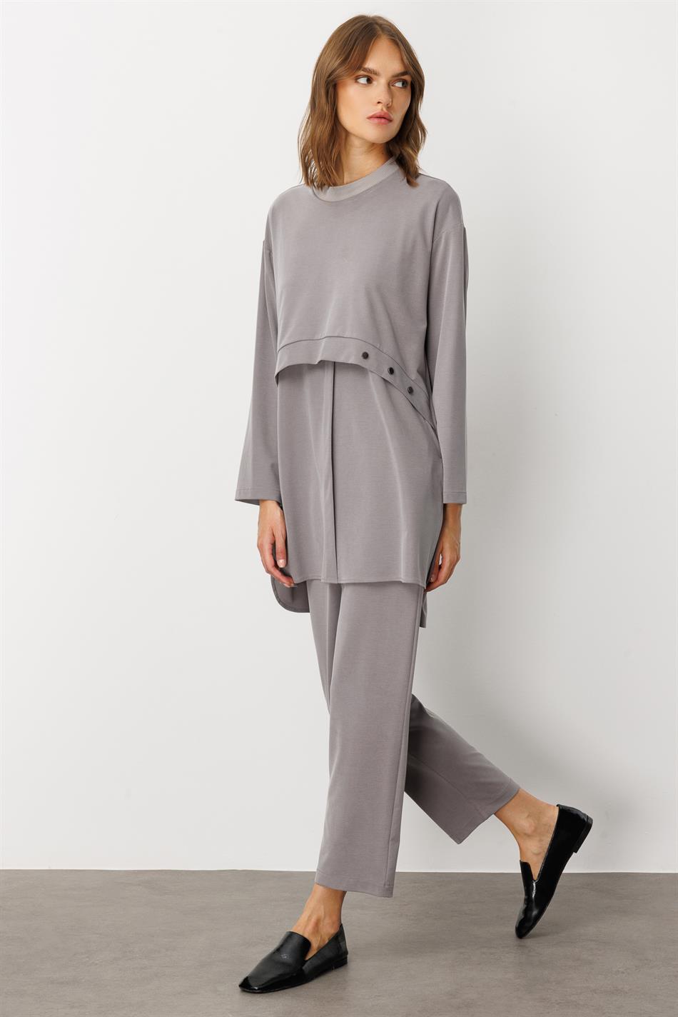 Soft Örme (miccell %55 doğal içerik) Elişi Detaylı  Pantalon Kombin Takım-Gri