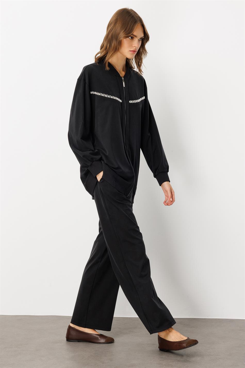 Soft Örme (miccell %55 doğal içerik) Elişi Detaylı  Pantalon Kombin Takım-Siyah