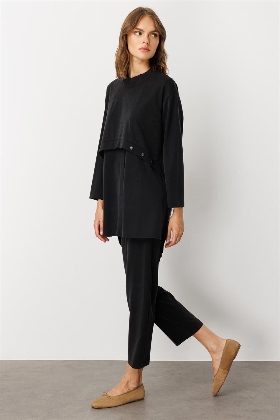 Soft Örme (miccell %55 doğal içerik) Elişi Detaylı  Pantalon Kombin Takım-Siyah