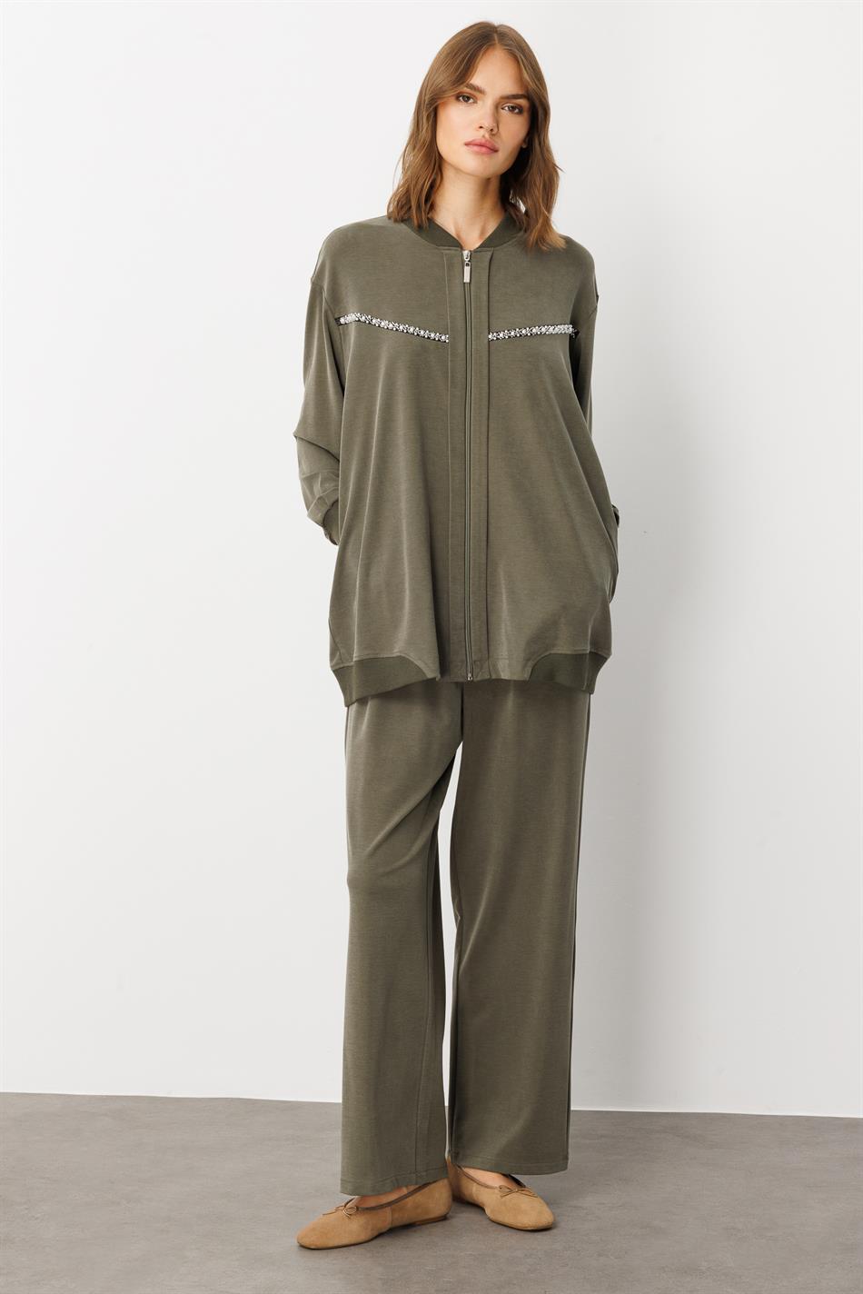 Soft Örme (miccell %55 doğal içerik) Elişi Detaylı  Pantalon Kombin Takım-Haki