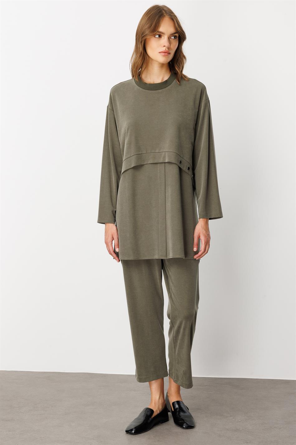 Yumşaq Örgü (miccell 55% təbii tərkibli) Əl işi Detallı Şalvar Dəsti - Xaki