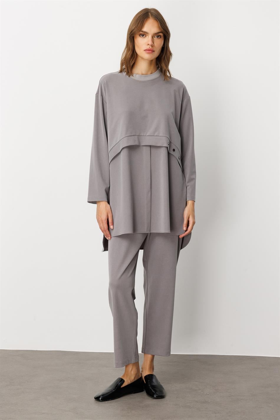 Soft Örme (miccell %55 doğal içerik) Elişi Detaylı  Pantalon Kombin Takım-Gri