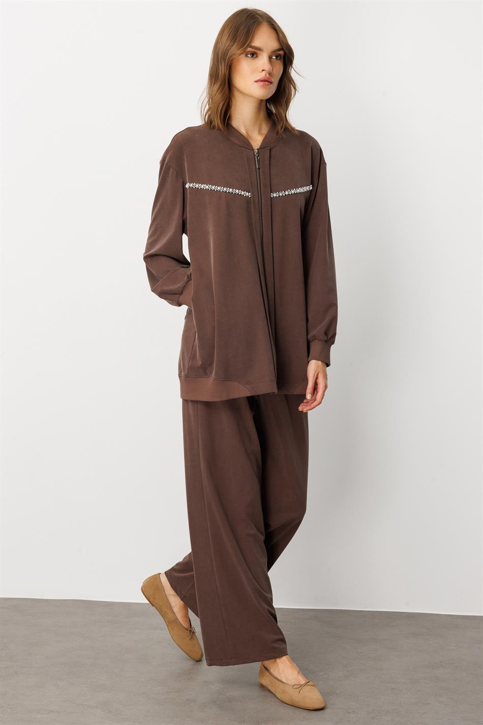 Yumşaq Örgü (miccell 55% təbii tərkibli) Əl işi Detallı Şalvar Dəsti - Qəhvə