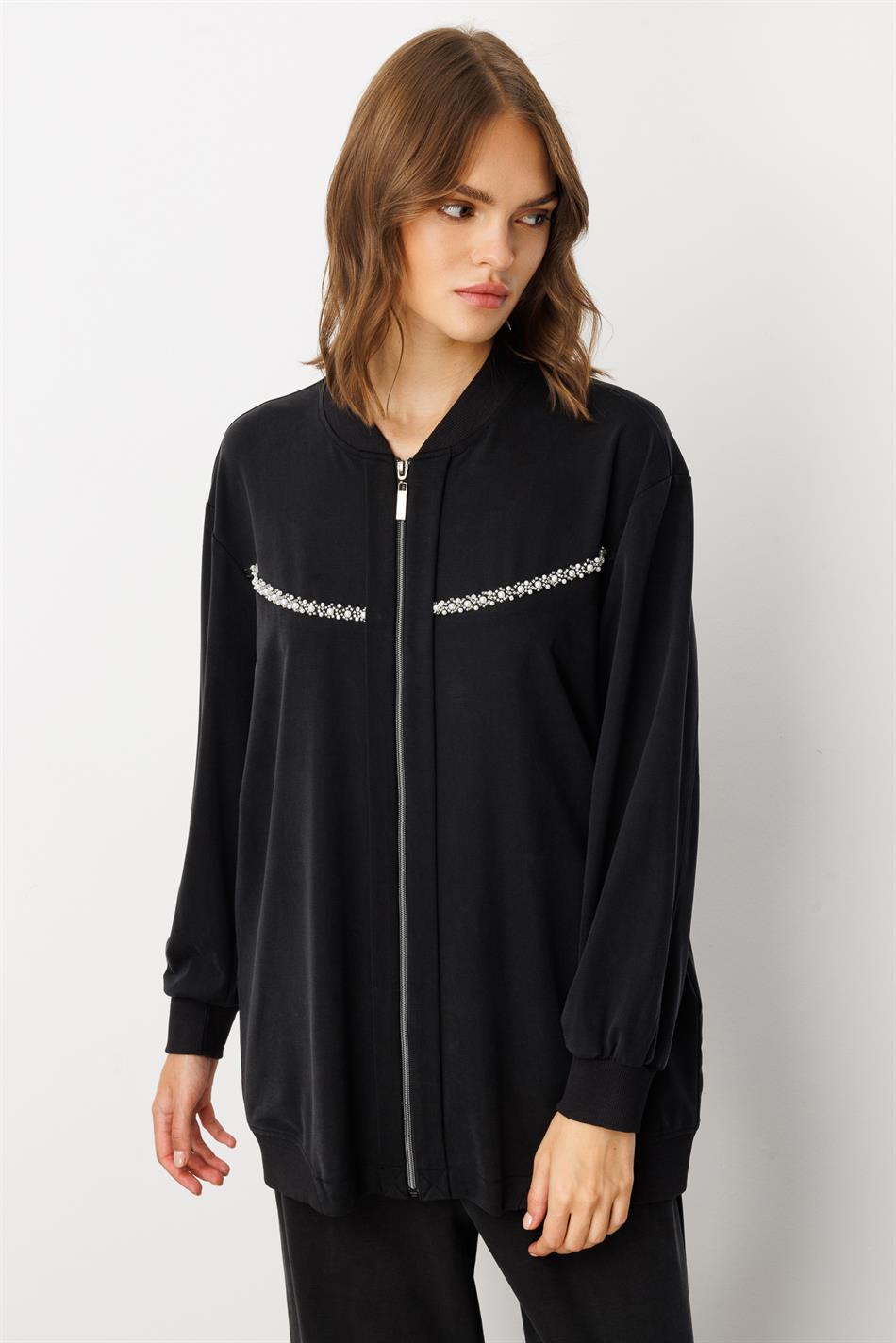 Soft Örme (miccell %55 doğal içerik) Elişi Detaylı  Pantalon Kombin Takım-Siyah