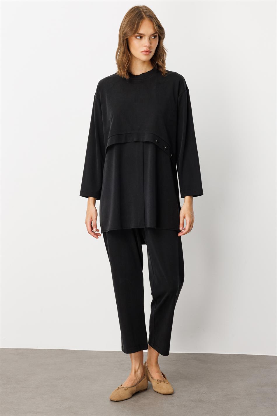 Soft Örme (miccell %55 doğal içerik) Elişi Detaylı  Pantalon Kombin Takım-Siyah