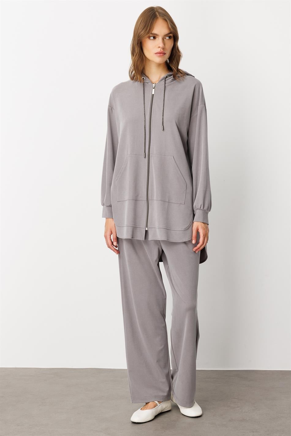 Soft Knit (miccell 55% natural content) Handcrafted Detail Trouser Set - Grey