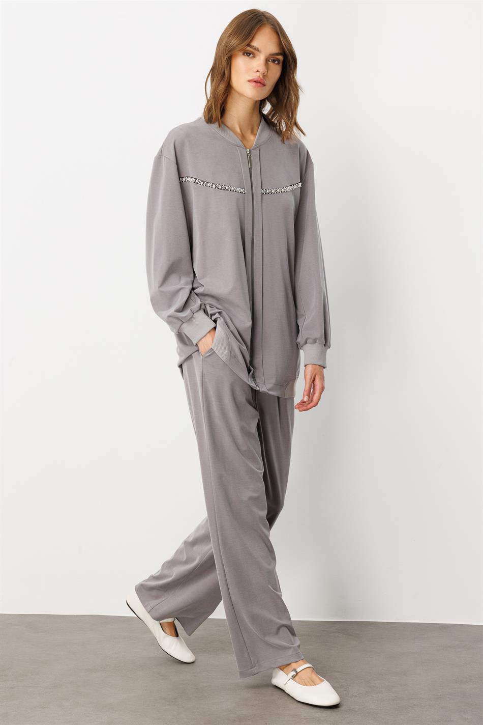 Soft Örme (miccell %55 doğal içerik) Elişi Detaylı  Pantalon Kombin Takım-Gri