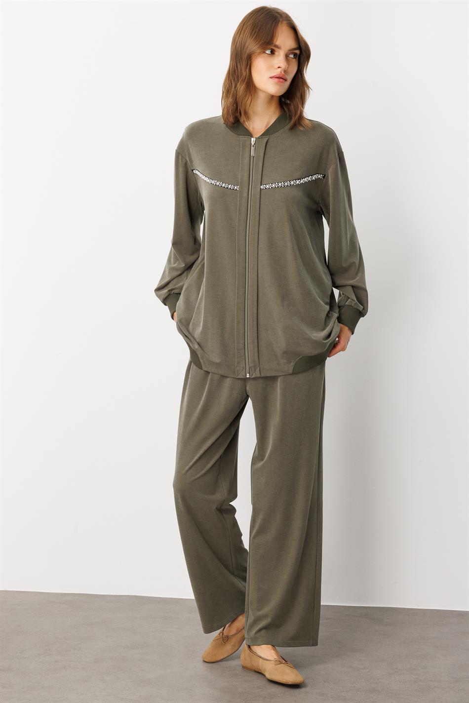 Soft Örme (miccell %55 doğal içerik) Elişi Detaylı  Pantalon Kombin Takım-Haki