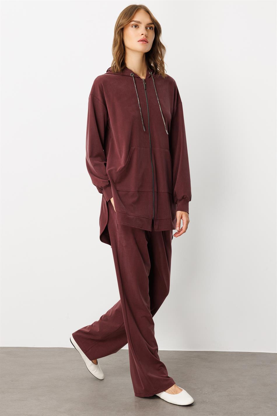 Soft Knit (miccell 55% natural content) Handcrafted Detail Trouser Set - Burgundy
