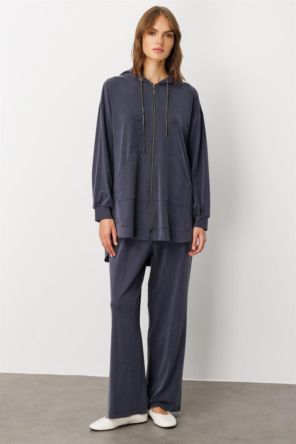 Soft Knit (miccell 55% natural content) Handcrafted Detail Trouser Set - Navy Blue