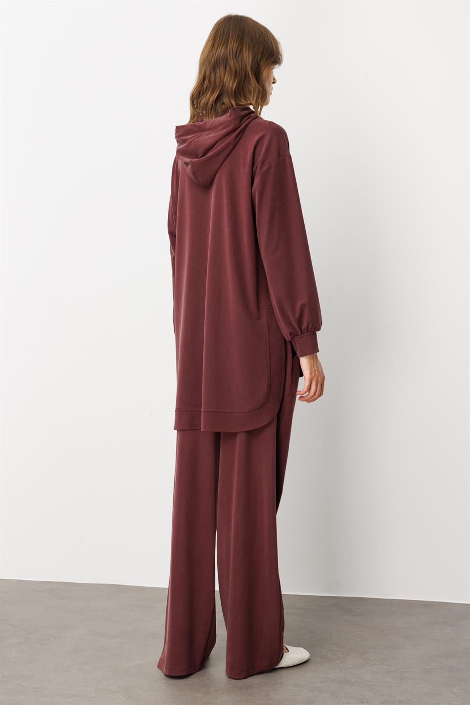 Soft Knit (miccell 55% natural content) Handcrafted Detail Trouser Set - Burgundy