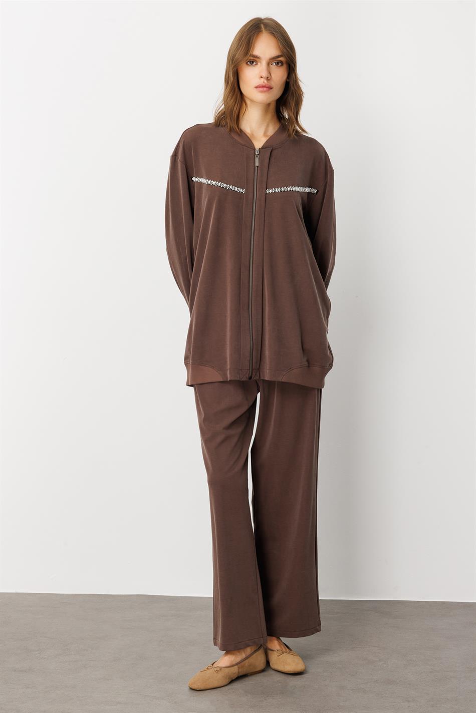 Yumşaq Örgü (miccell 55% təbii tərkibli) Əl işi Detallı Şalvar Dəsti - Qəhvə