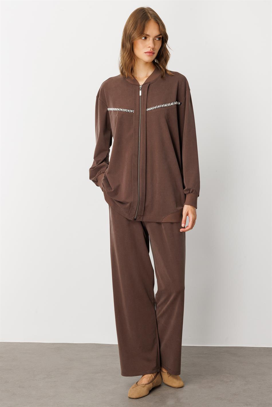 Yumşaq Örgü (miccell 55% təbii tərkibli) Əl işi Detallı Şalvar Dəsti - Qəhvə