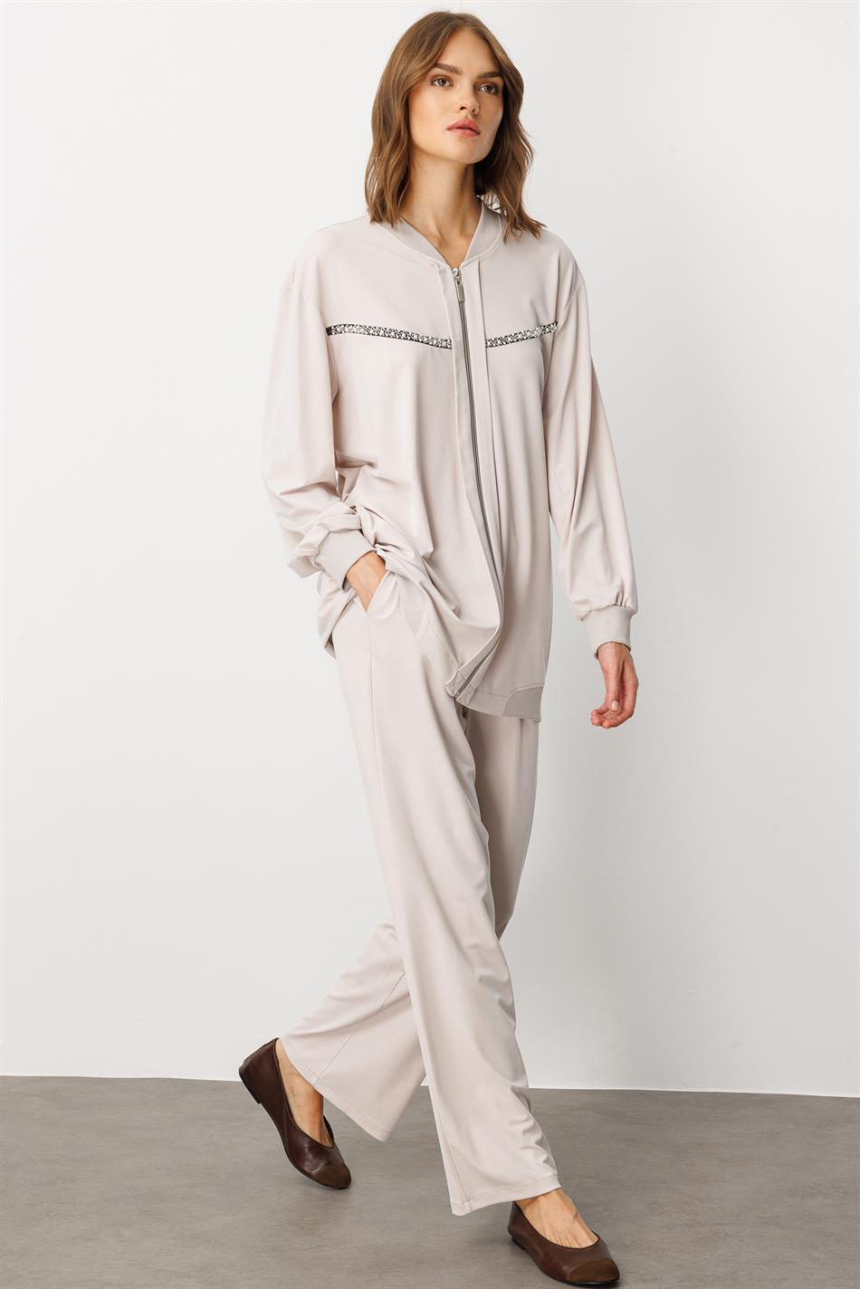 Soft Örme (miccell %55 doğal içerik) Elişi Detaylı  Pantalon Kombin Takım-Taş