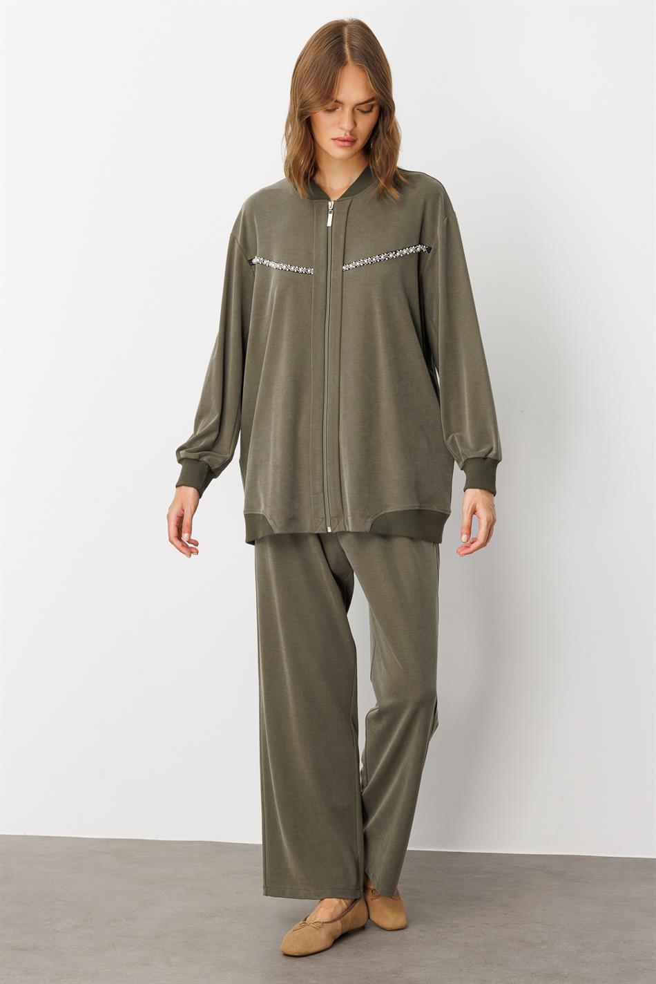 Soft Örme (miccell %55 doğal içerik) Elişi Detaylı  Pantalon Kombin Takım-Haki