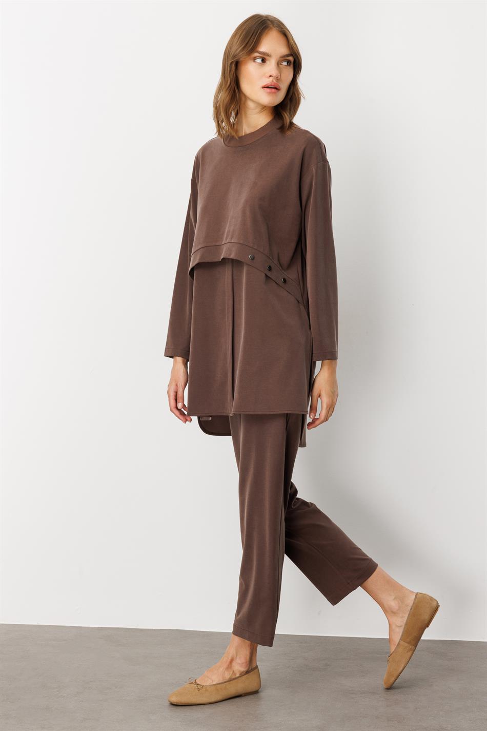 Soft Knit (miccell 55% natural content) Handcrafted Detail Trouser Set - Coffee