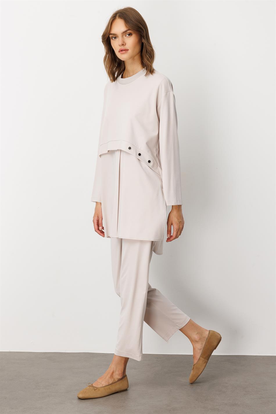 Soft Örme (miccell %55 doğal içerik) Elişi Detaylı  Pantalon Kombin Takım-Taş