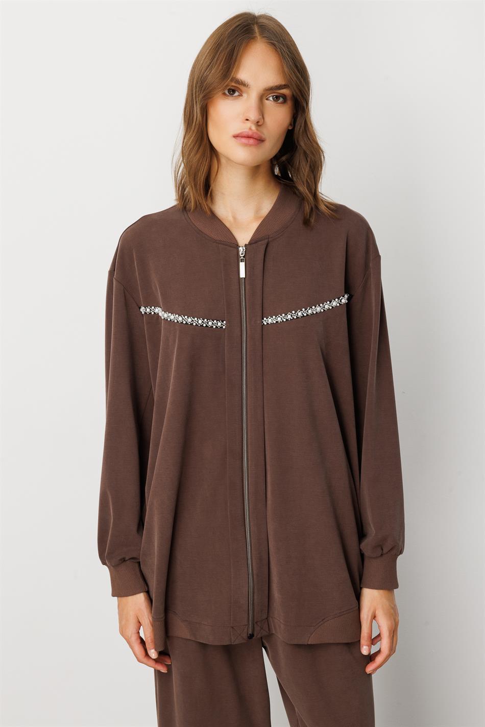 Yumşaq Örgü (miccell 55% təbii tərkibli) Əl işi Detallı Şalvar Dəsti - Qəhvə