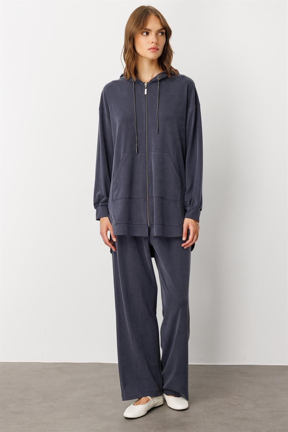 Soft Knit (miccell 55% natural content) Handcrafted Detail Trouser Set - Navy Blue