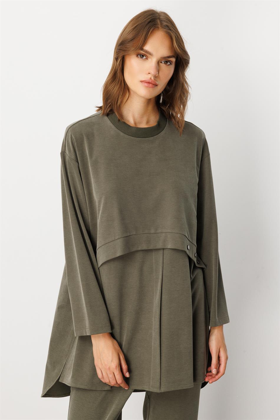 Yumşaq Örgü (miccell 55% təbii tərkibli) Əl işi Detallı Şalvar Dəsti - Xaki