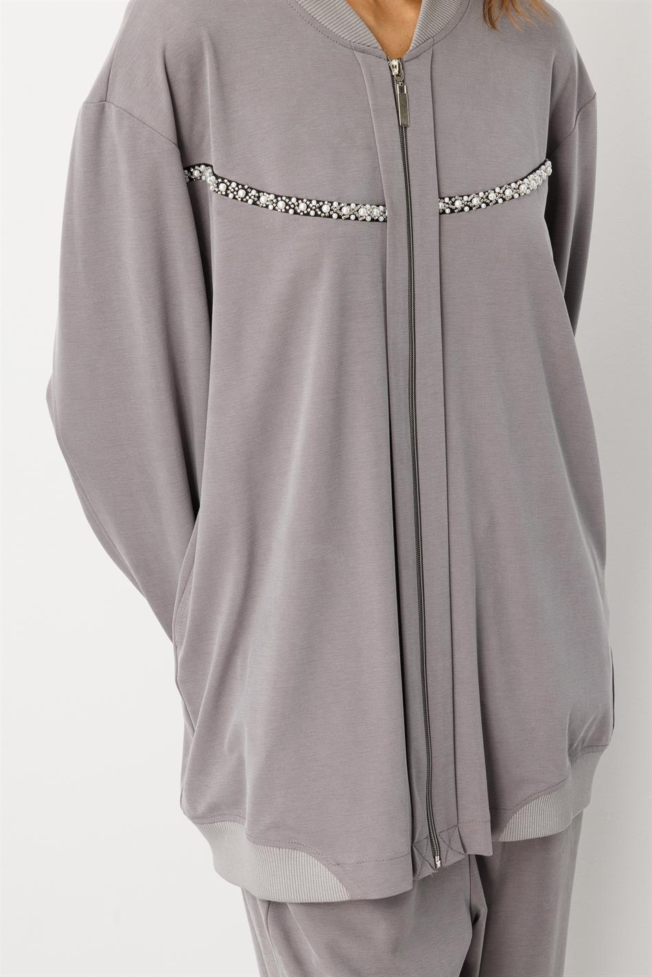 Soft Örme (miccell %55 doğal içerik) Elişi Detaylı  Pantalon Kombin Takım-Gri