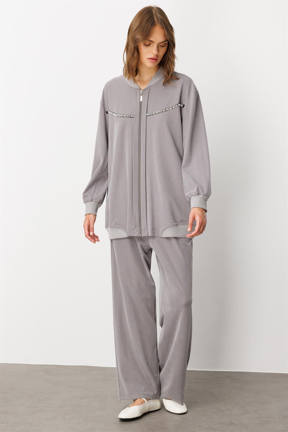 Soft Örme (miccell %55 doğal içerik) Elişi Detaylı  Pantalon Kombin Takım-Gri