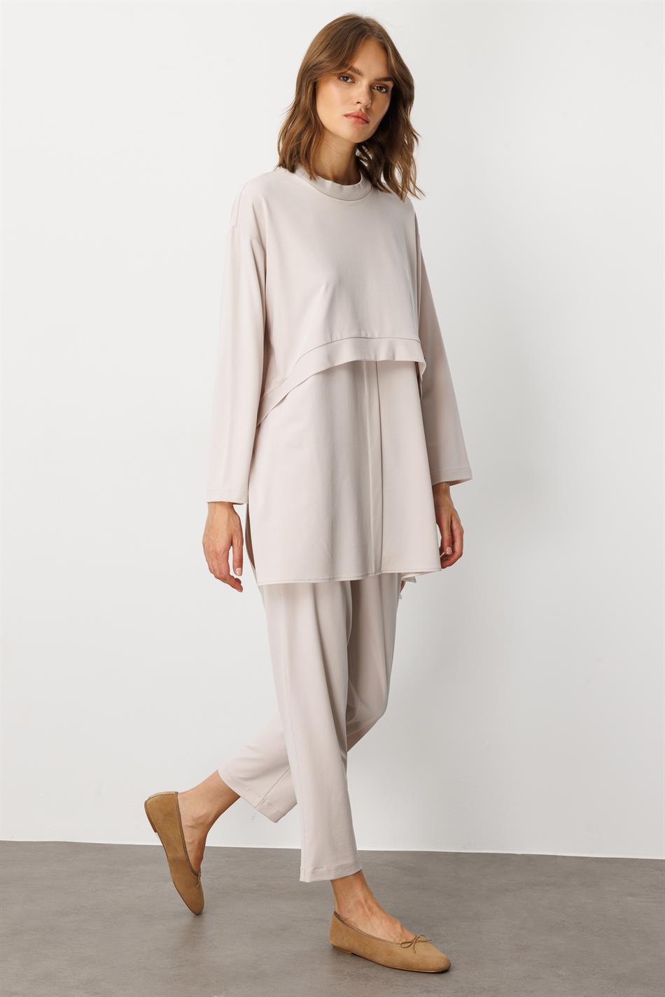 Soft Örme (miccell %55 doğal içerik) Elişi Detaylı  Pantalon Kombin Takım-Taş