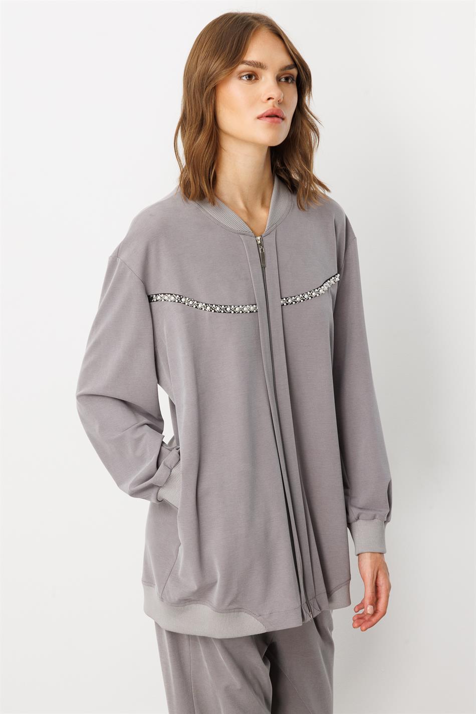 Soft Örme (miccell %55 doğal içerik) Elişi Detaylı  Pantalon Kombin Takım-Gri