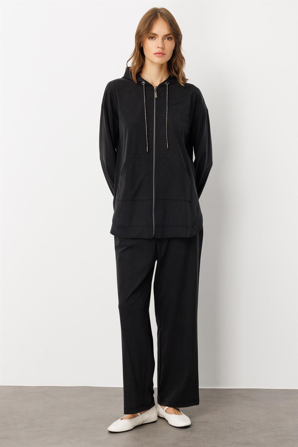 Soft Örme (miccell %55 doğal içerik) Elişi Detaylı  Pantalon Kombin Takım-Siyah