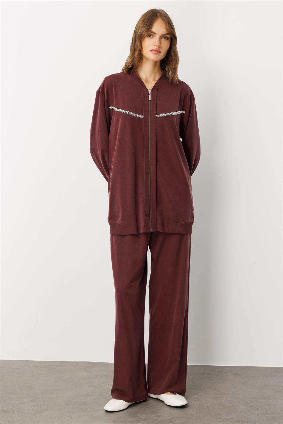 Soft Örme (miccell %55 doğal içerik) Elişi Detaylı  Pantalon Kombin Takım-Bordo