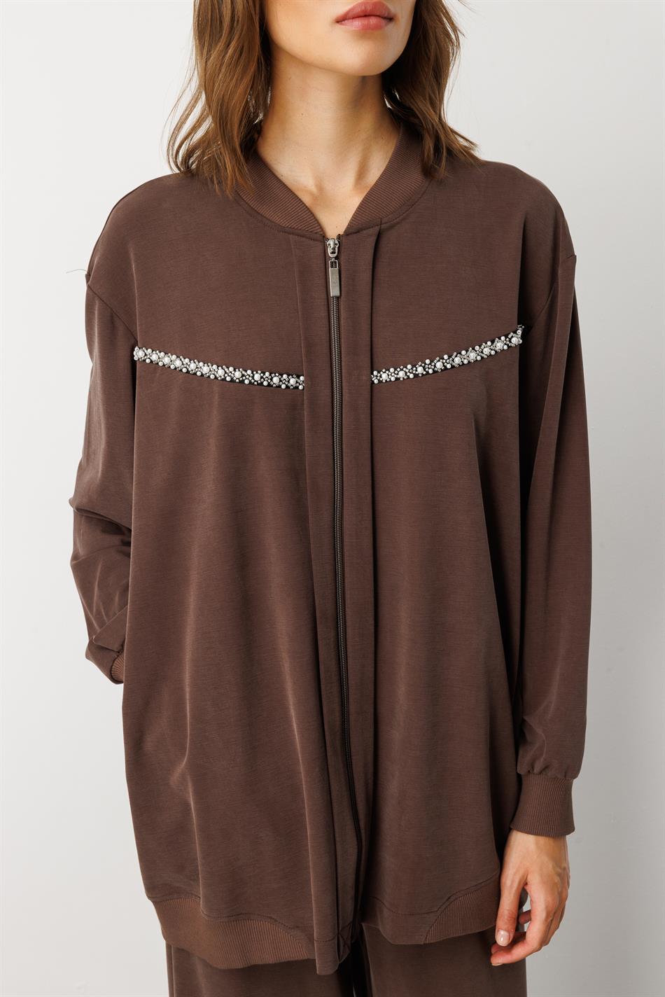 Yumşaq Örgü (miccell 55% təbii tərkibli) Əl işi Detallı Şalvar Dəsti - Qəhvə