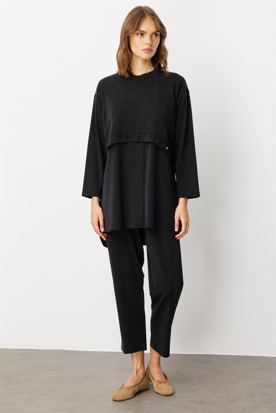 Soft Örme (miccell %55 doğal içerik) Elişi Detaylı  Pantalon Kombin Takım-Siyah